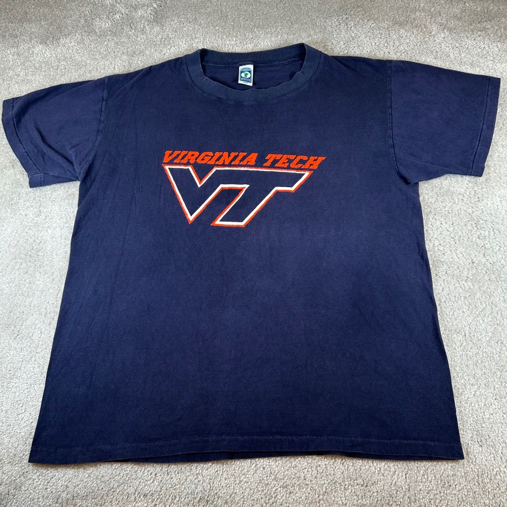 Vintage 90s Discus Athletic T-Shirt Mens Large Navy Virginia Tech VT Graphic USA